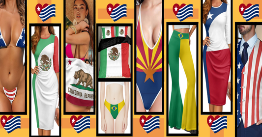 Collage of flag-inspired fashion including bikinis, dresses, and accessories featuring the Cuban, Mexican, Californian, Brazilian, Arizona, Texas, and American flags