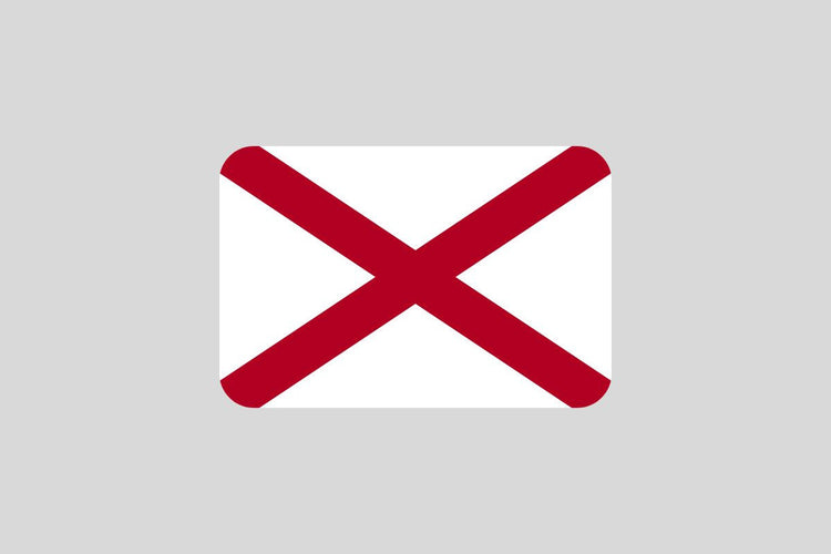 Alabama state flag with a white background and a red St. Andrew’s cross (diagonal cross) extending to the edges.