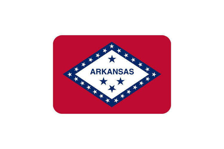 Arkansas state flag with a red field, a white diamond outlined in blue with 25 white stars, and the word “ARKANSAS” in blue centered inside the diamond.