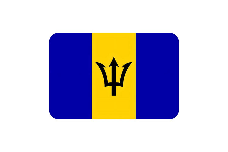 Barbados flag with three vertical stripes in ultramarine, gold, and ultramarine, featuring a black broken trident centered on the gold stripe.