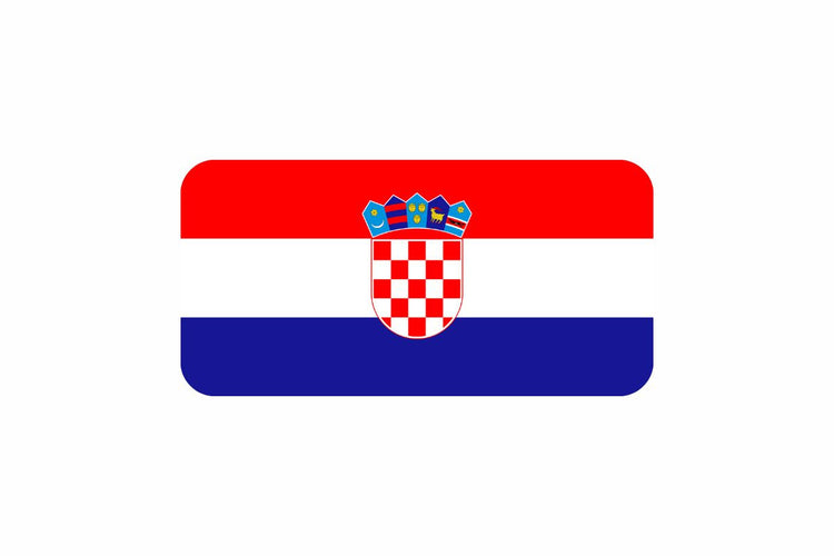 Croatia flag with three horizontal stripes in red, white, and blue, featuring the national coat of arms—a red and white checkerboard shield with a crown of five smaller shields—centered on the white stripe.