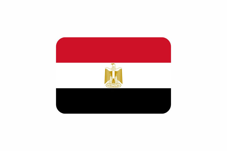Egypt flag with three horizontal stripes in red, white, and black, featuring the gold Eagle of Saladin centered on the white stripe.