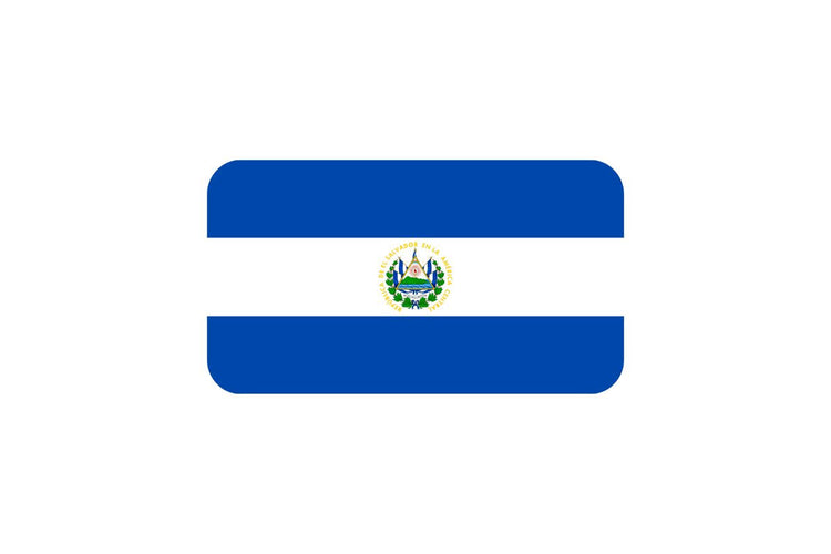 El Salvador flag with three horizontal stripes in blue, white, and blue, featuring the national coat of arms centered on the white stripe.