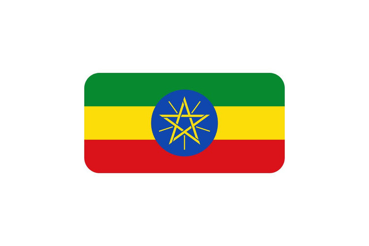 Ethiopia flag with three horizontal stripes in green, yellow, and red from top to bottom, featuring a blue circle with a yellow five-pointed star and rays in the center.