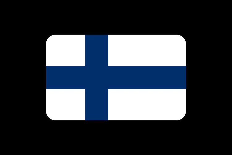 Finland flag with a white background and a blue Nordic cross extending to the edges, with the vertical part of the cross shifted toward the hoist side.