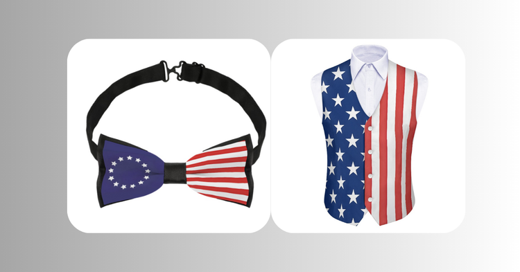 13 Star flag (Betsy Ross Flag( on a bowtie next to an American flag inspired formal vest
