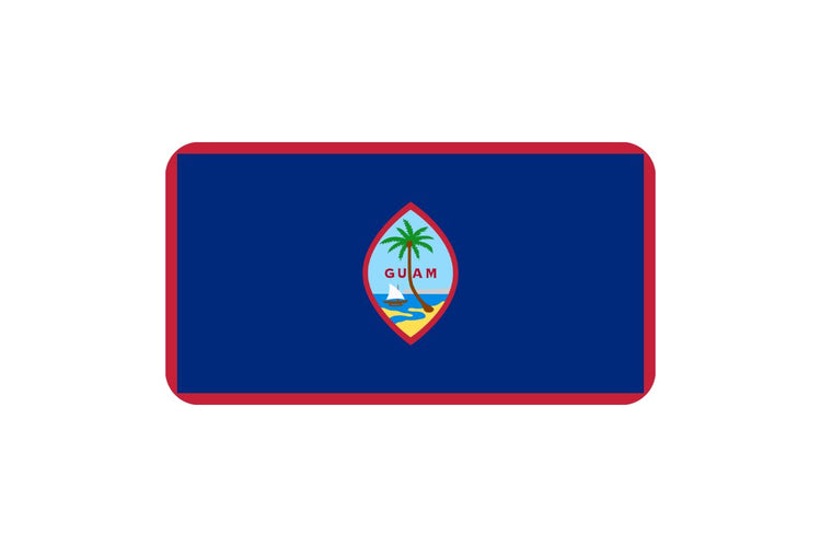 Guam flag with a dark blue field bordered in red, featuring a central emblem shaped like a vertical almond containing a beach scene with a coconut tree, sailboat, and the word “GUAM.”