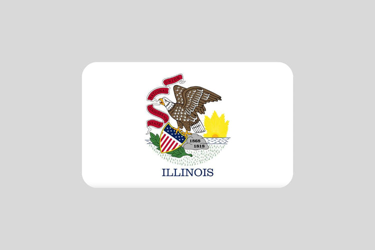 Illinois state flag with a white background featuring the state seal: a bald eagle holding a shield in its beak and talons, with a banner reading “State Sovereignty, National Union.”