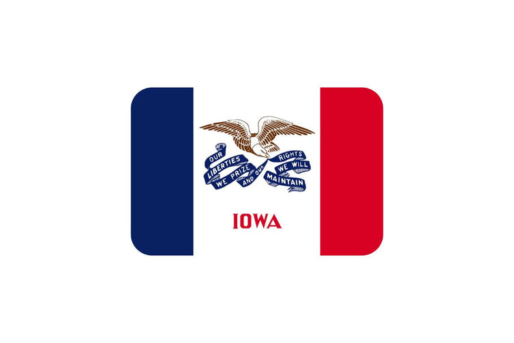 Iowa state flag with three vertical stripes in blue, white, and red, featuring a bald eagle on the white stripe holding a flowing ribbon that reads “Our liberties we prize and our rights we will maintain,” with “IOWA” below.