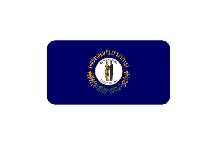 Kentucky state flag with a navy blue field featuring the state seal in the center, showing two men shaking hands surrounded by the words “Commonwealth of Kentucky” and the state motto.