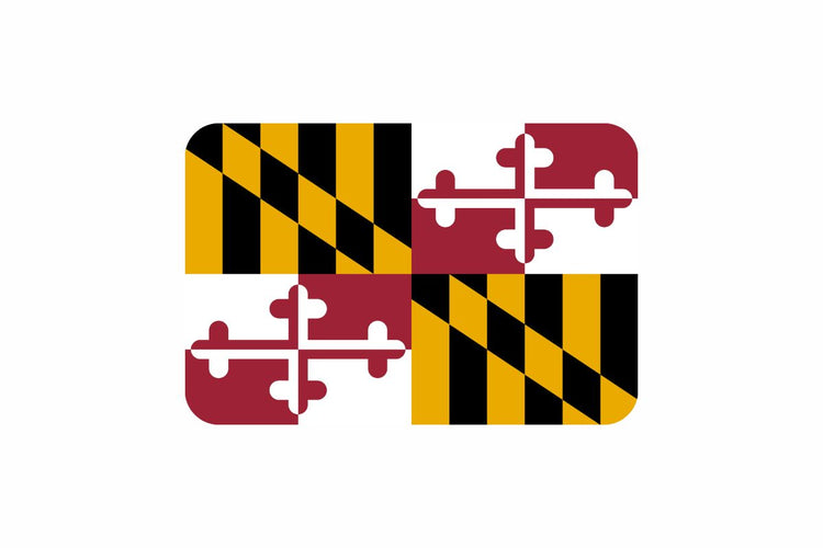 Maryland state flag with a bold quartered design: alternating black and gold checkered pattern from the Calvert family in the first and fourth quarters, and red and white cross bottony from the Crossland family in the second and third quarters.