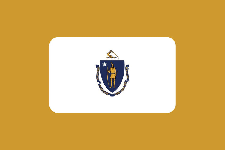 Massachusetts state flag with a white field featuring a blue shield depicting a Native American holding a bow and arrow, topped with a gold arm and sword, and a banner with the state motto.