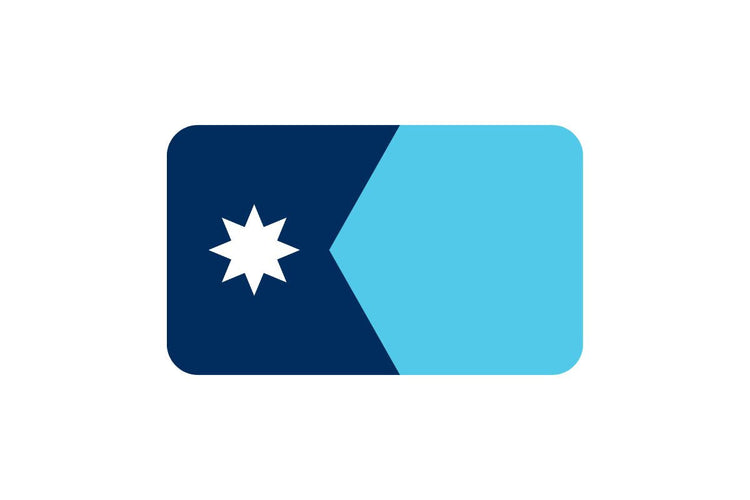 Minnesota state flag featuring a dark blue left section with a white eight-pointed star, a sky blue right side, and a center wedge creating a minimalist modern design.