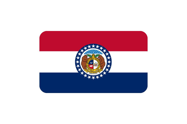 Missouri state flag with horizontal red, white, and blue stripes and the state seal centered within a blue band of 24 white stars.