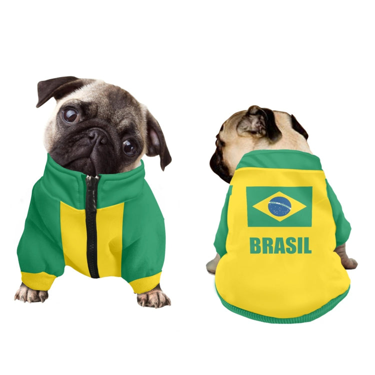 Two pugs wearing green and yellow Brazil flag dog jackets with “Brasil” text on the back