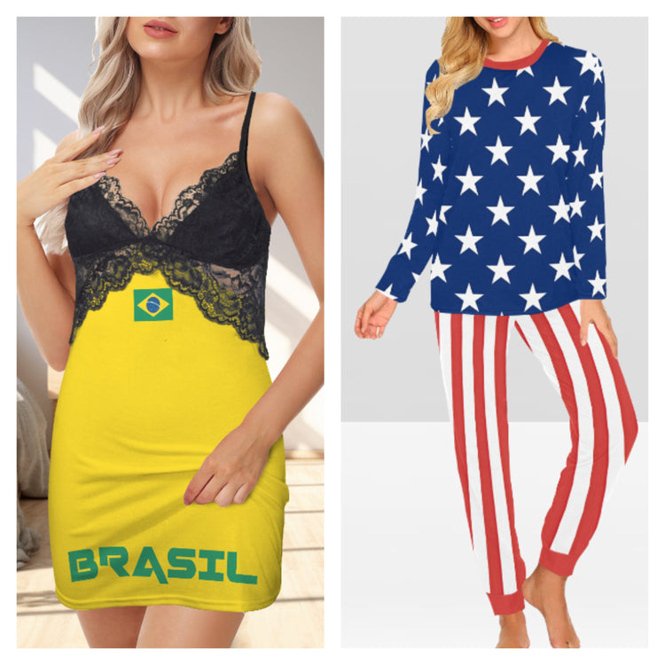 Two women’s sleepwear sets: one yellow nightie with the Brazil flag and lace top, the other a pajama set with stars and stripes representing the USA.