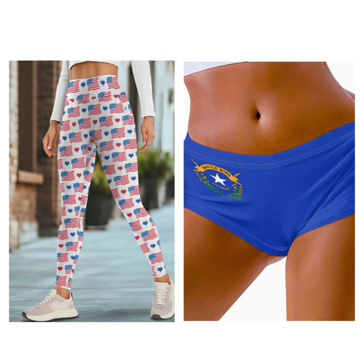Flag-inspired women’s leggings with U.S. hearts and flags, and blue shorts with the Nevada state flag print