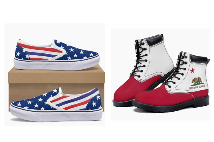 American flag slip-on shoes and California state flag combat boots displayed side by side