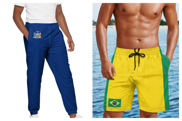 men’s New York flag sweatpants and men’s Brasil flag swim trunks side by side