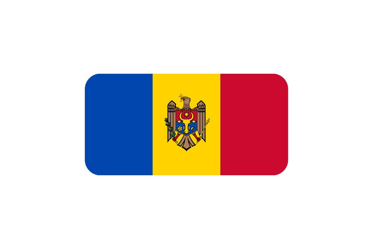 Moldova flag with three vertical stripes of blue, yellow, and red, and the national coat of arms featuring an eagle holding a cross, centered on the yellow stripe.