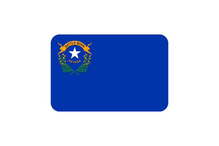 Nevada state flag with a cobalt blue background, a silver five-pointed star in the upper left corner surrounded by the words “Battle Born” and two sagebrush branches.