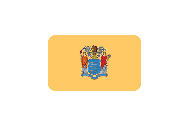 New Jersey state flag with a buff-colored background featuring the state coat of arms: a blue shield with three plows, supported by the goddesses Liberty and Ceres, and a horse’s head crest above.