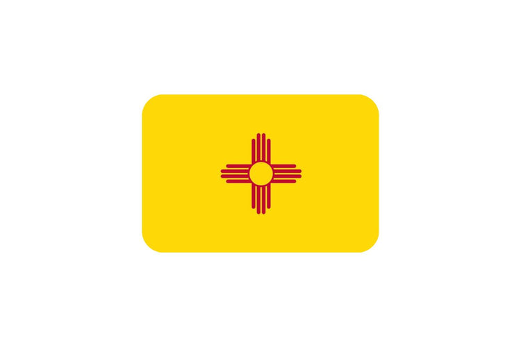 New Mexico state flag with a yellow field featuring a red Zia sun symbol centered, representing the state’s Native American and Spanish heritage.