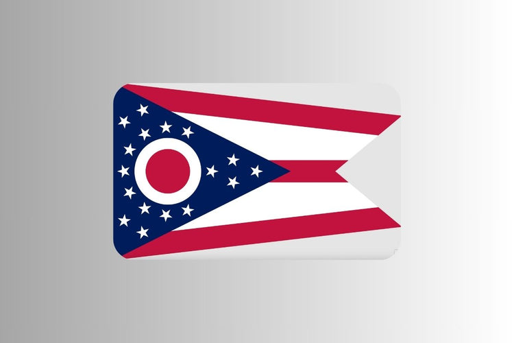 Ohio state flag is a swallowtail design with five horizontal red and white stripes, a blue triangle at the hoist containing a red and white “O” and 17 white stars.