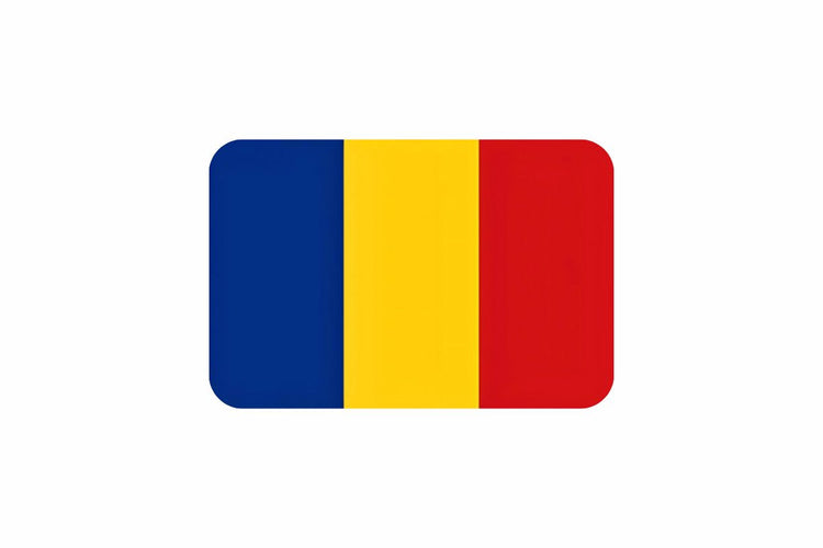 Romania flag with three vertical stripes in blue, yellow, and red from left to right.