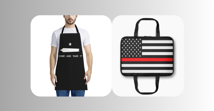 Man wearing a black apron with Texas "Come and Take It", cannon and star. Next to him is a thin red line flag printed casserole carrier.