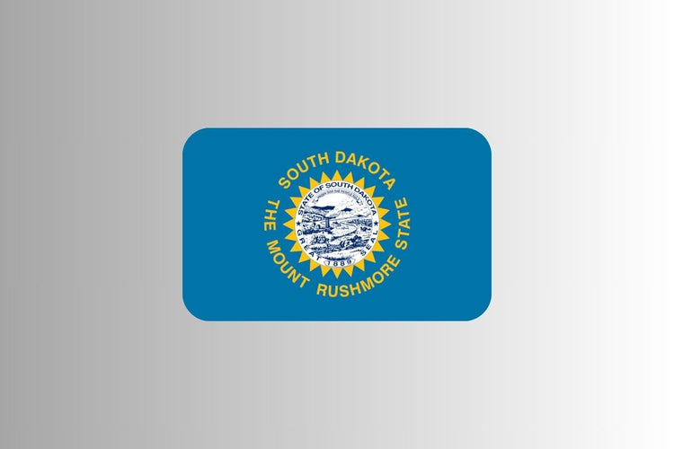 South Dakota state flag with a sky blue field featuring the state seal in the center, surrounded by a gold sun and the words “South Dakota” and “The Mount Rushmore State.”