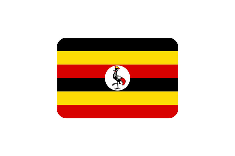 Uganda flag with six horizontal stripes alternating black, yellow, and red, featuring a white circle in the center with a grey crowned crane standing on one leg.