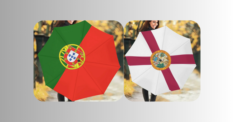 Two open umbrellas showing the Portugal flag on the left and the Florida State Flag on the right.