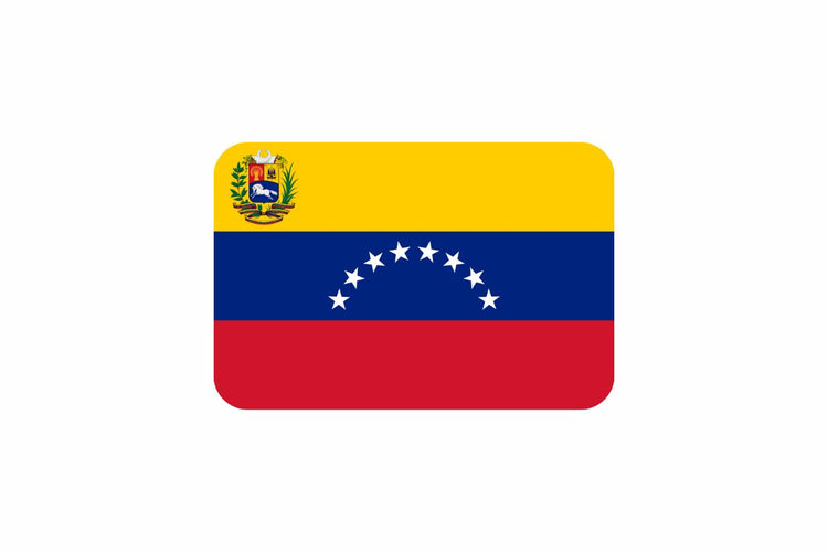 Venezuela flag with three horizontal stripes in yellow, blue, and red, featuring a semicircle of eight white stars centered on the blue stripe.