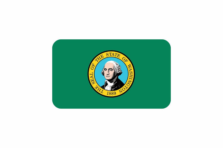 Washington state flag with a dark green background featuring the state seal in the center, which includes a portrait of George Washington on a light blue circle with a yellow border.