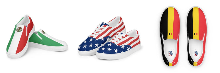 Three pairs of women’s canvas shoes featuring flag designs for Mexico, the United States, and Belgium, displayed side by side on a white background.