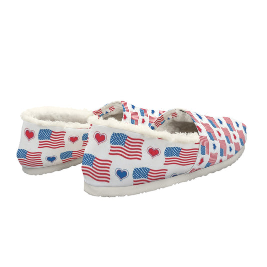 USA/American Flag Inspired Flag and Hearts Pattern Women's Fleece-Lined Canvas Slip-On
