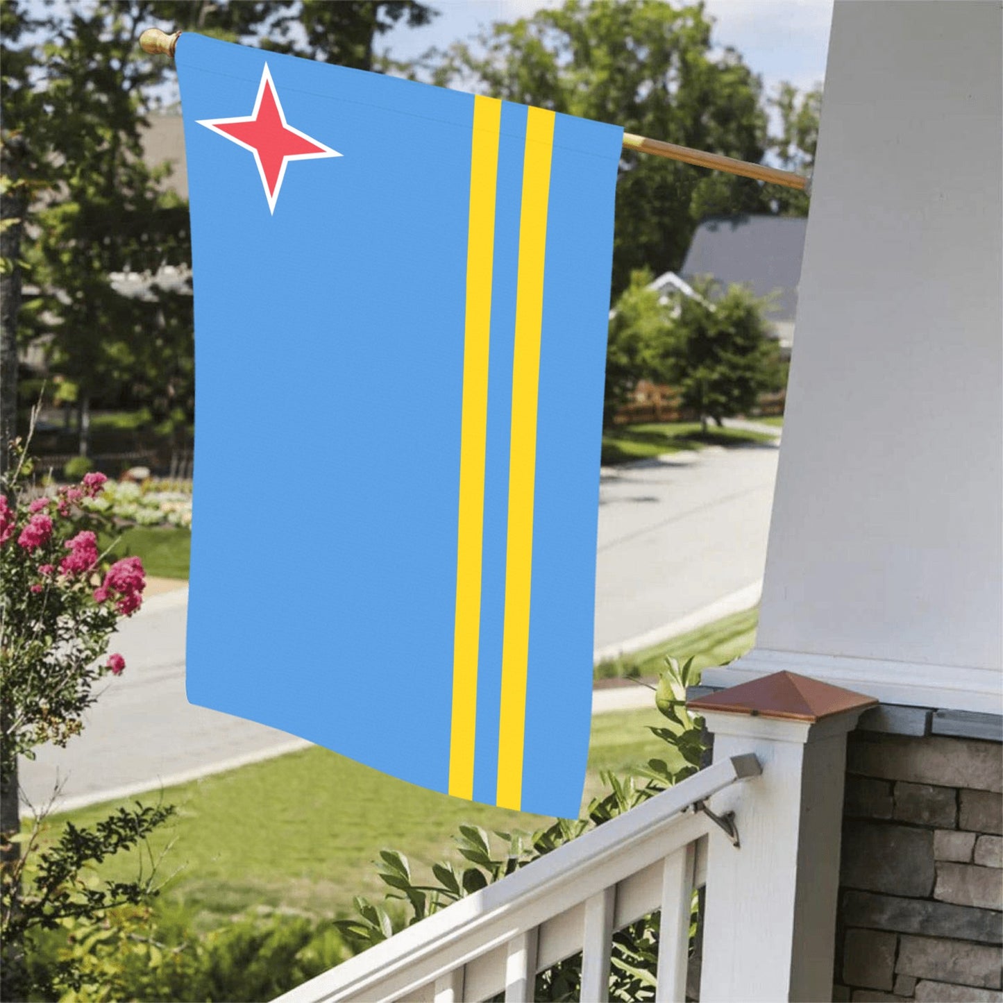 Blue flag with yellow stripes on porch, Luv My Flag.