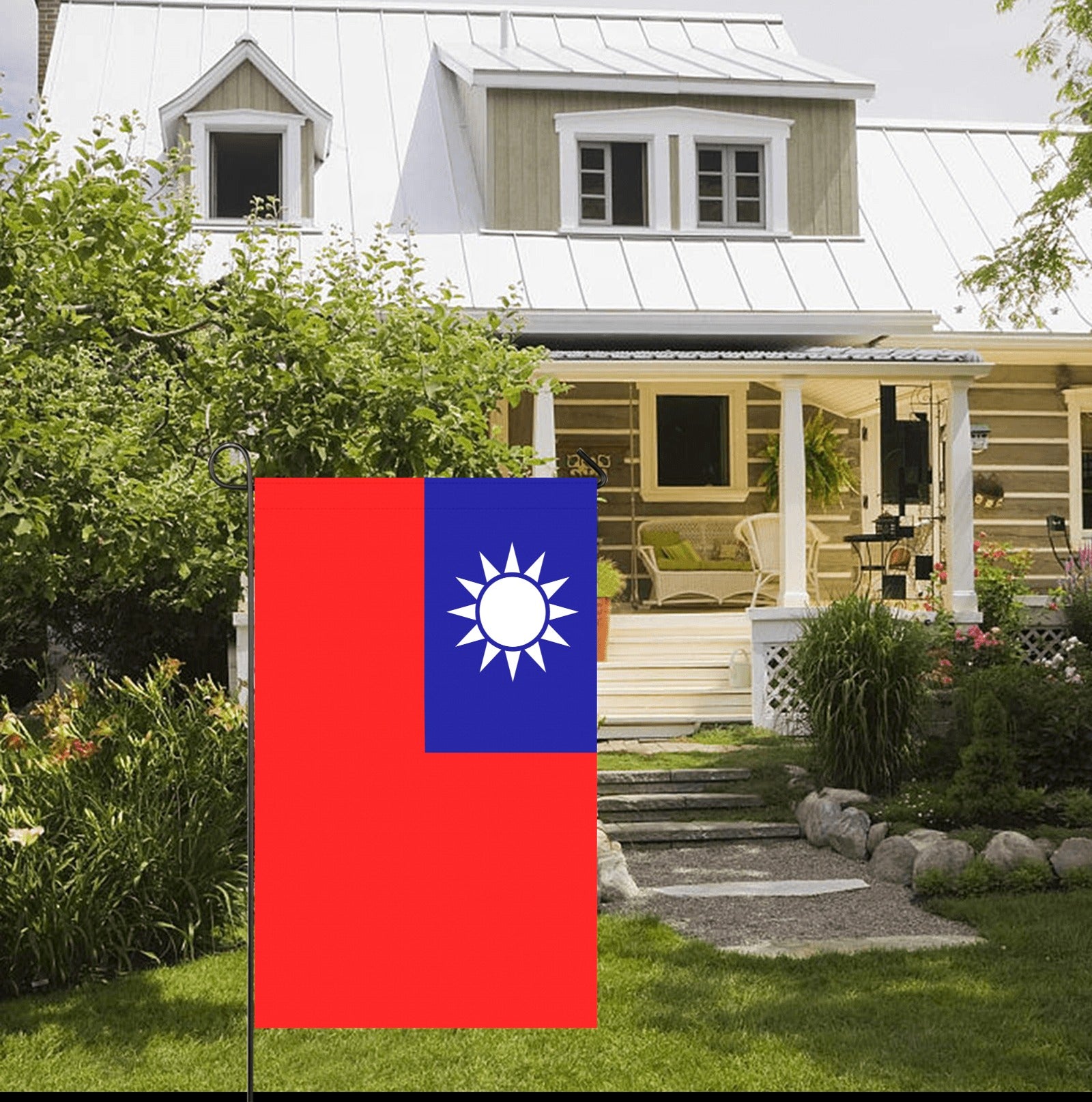 Front yard with Luv My Flag Taiwan flag displayed.