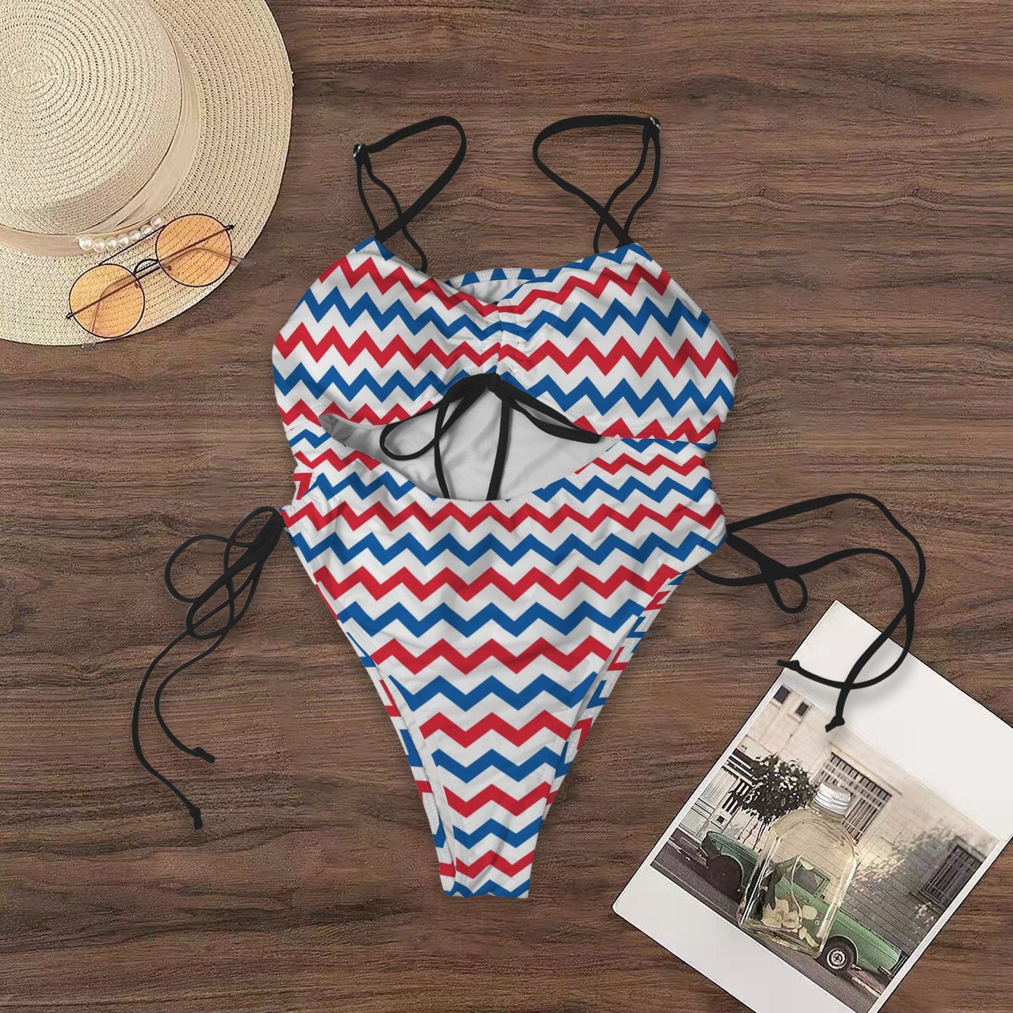 USA/American Flag Inspired Chevron Pattern Women's Drawstring Cutout One Piece Swimsuit