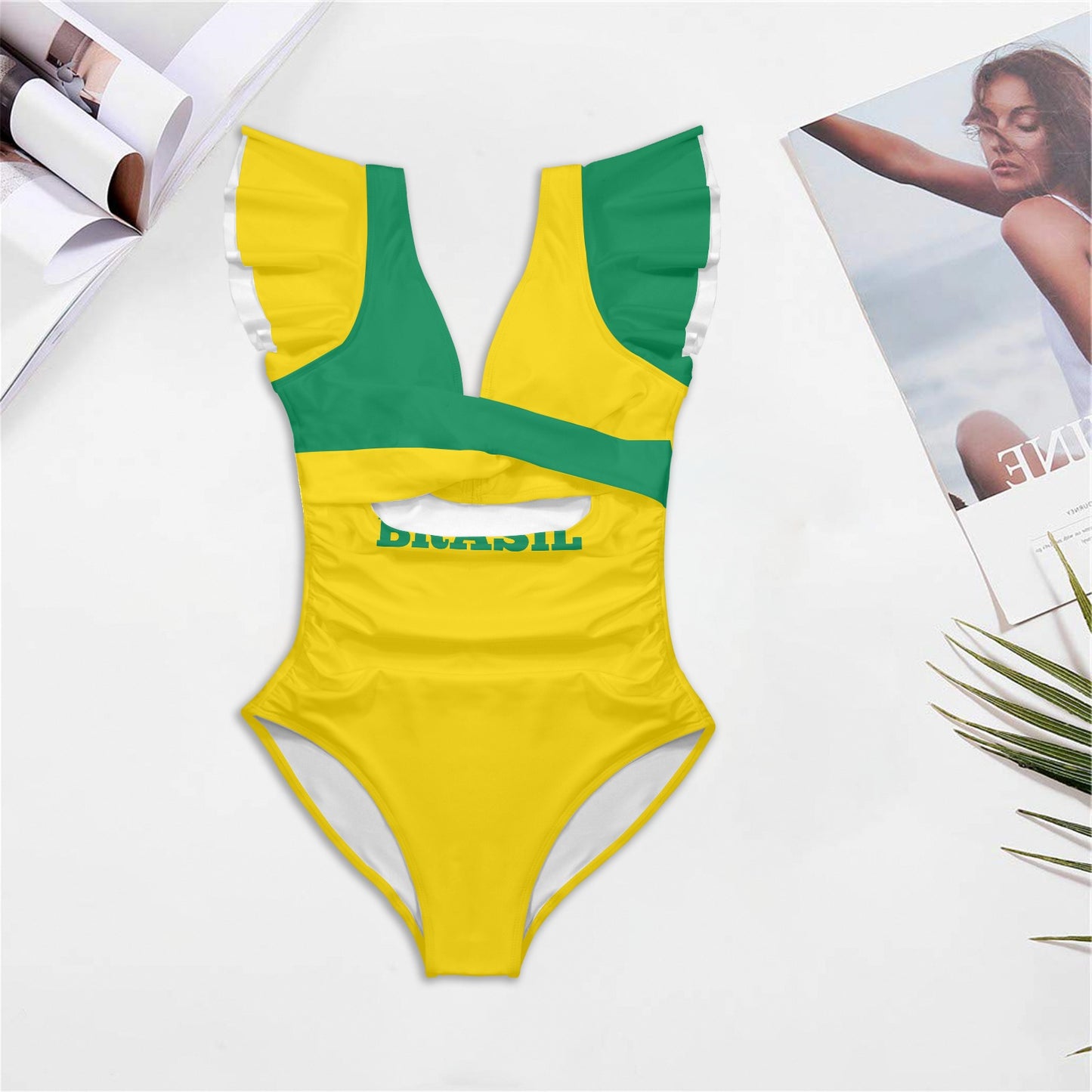 Brazil Flag Inspired Women's Twist Front Ruffle Sleeve Swimsuit