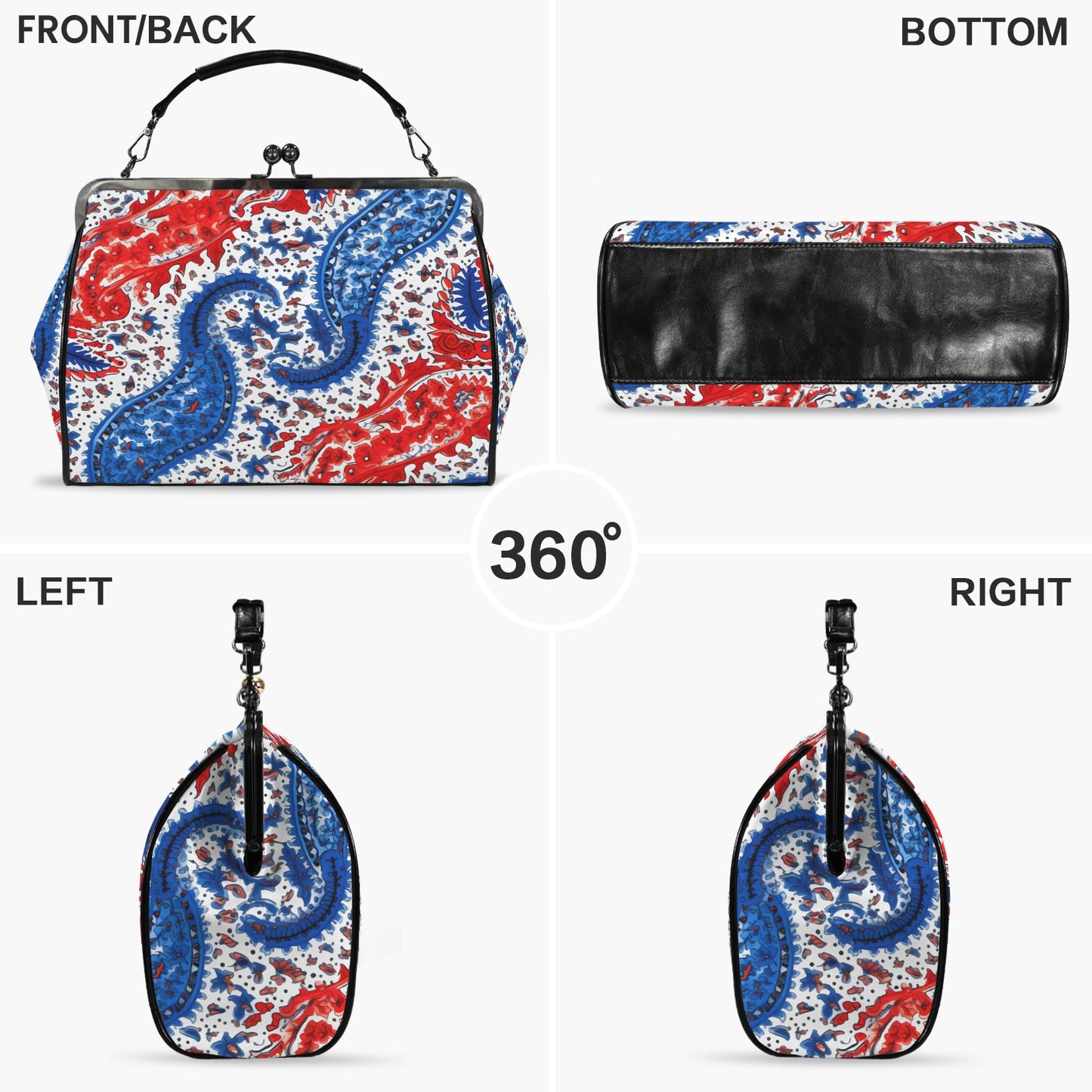 USA/American Flag Inspired Red White & Blue Floral Paisley Kisslock Crossbody Shoulder Bag-Large