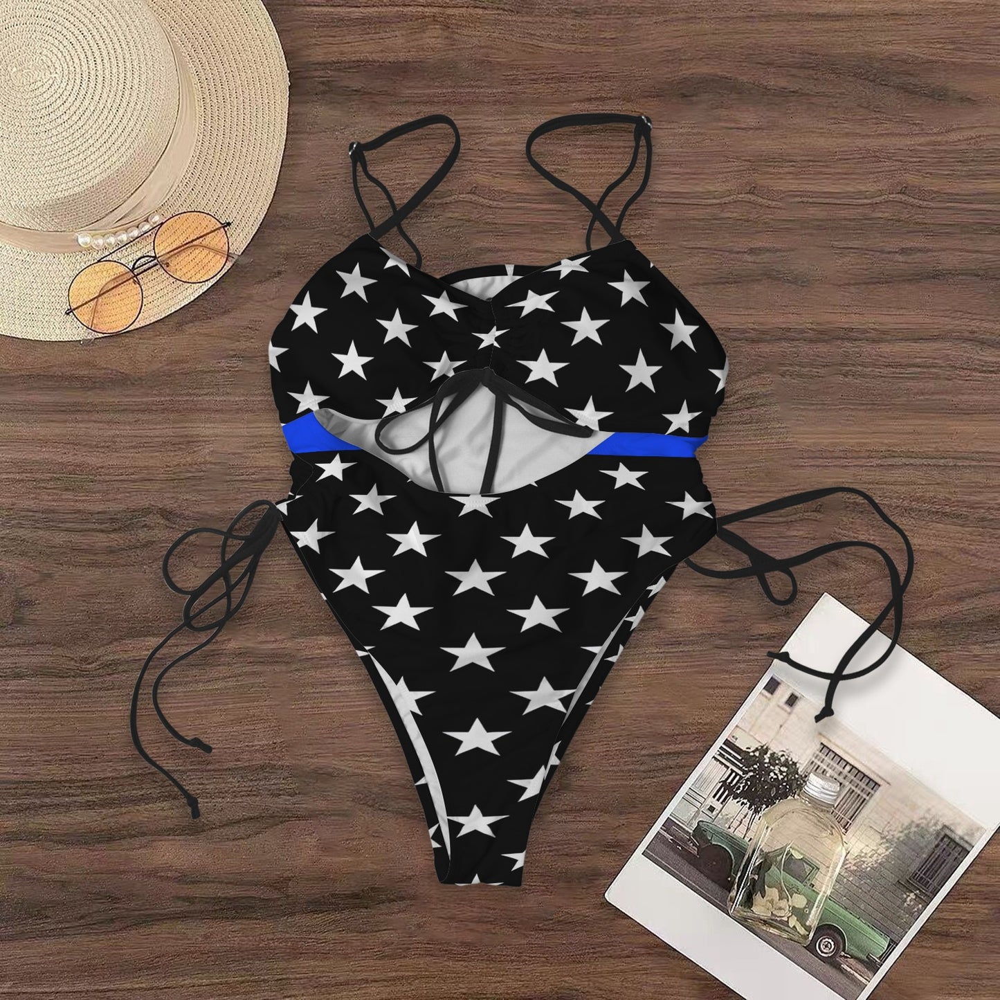 Thin Blue Line Flag Inspired Women's Drawstring Cutout One Piece Swimsuit