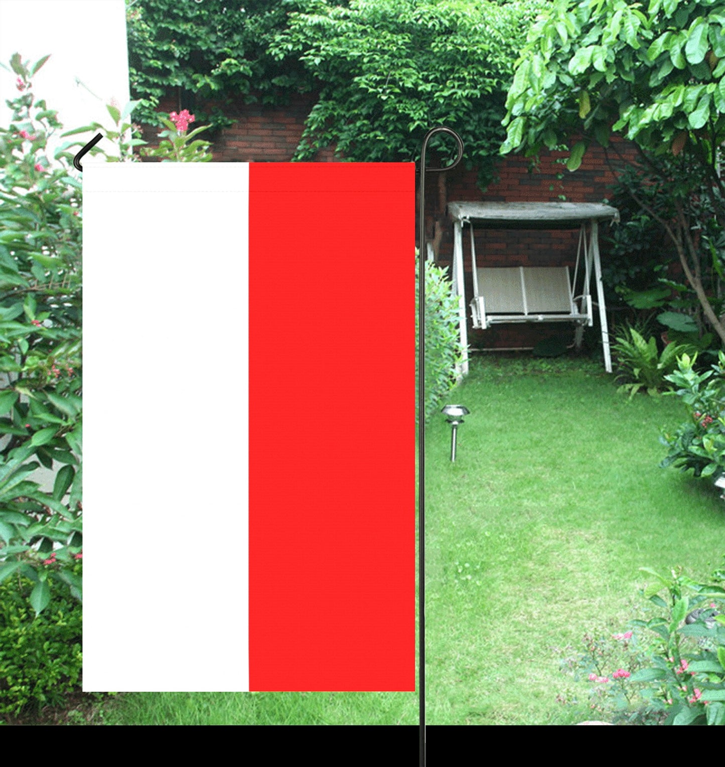 Luv My Flag garden flag, red and white design.
