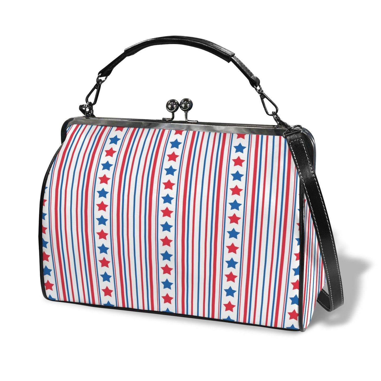 USA/American Flag Inspired Stars & Stripes Pattern Kisslock Crossbody Shoulder Bag-Large
