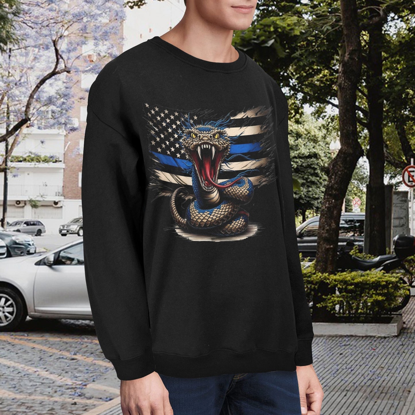 Thin Blue Line Flag (distressed) with Snake Unisex Fleece Sweatshirt (Made in the USA)