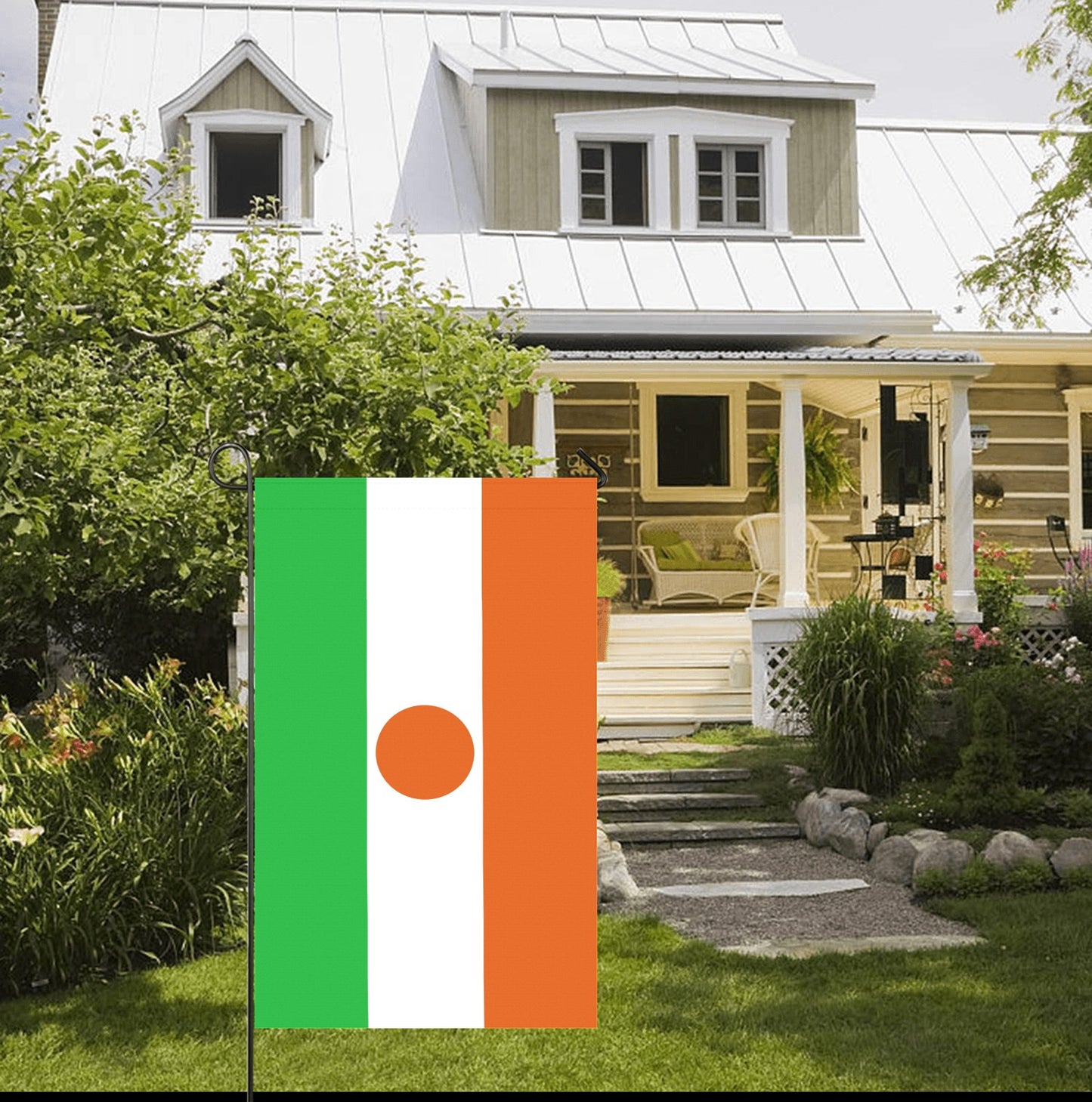 "Luv My Flag tricolor flag displayed outside charming house."