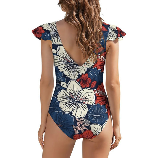 USA/American Flag Inspired Hawaiian Floral Pattern Women's V-neck Ruffle Sleeve One Piece Swimsuit