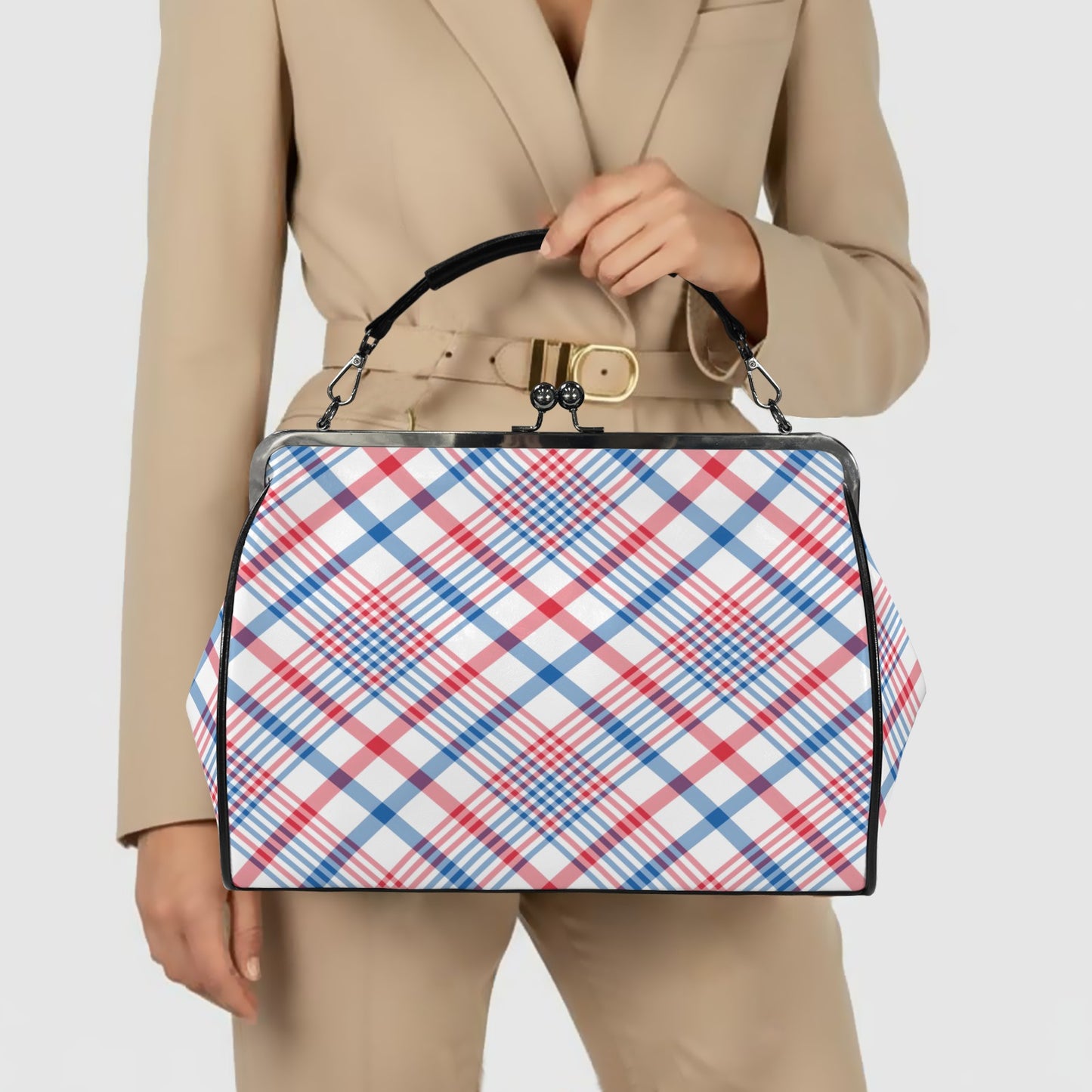 USA/American Flag Inspired Plaid Pattern Kisslock Crossbody Shoulder Bag-Large