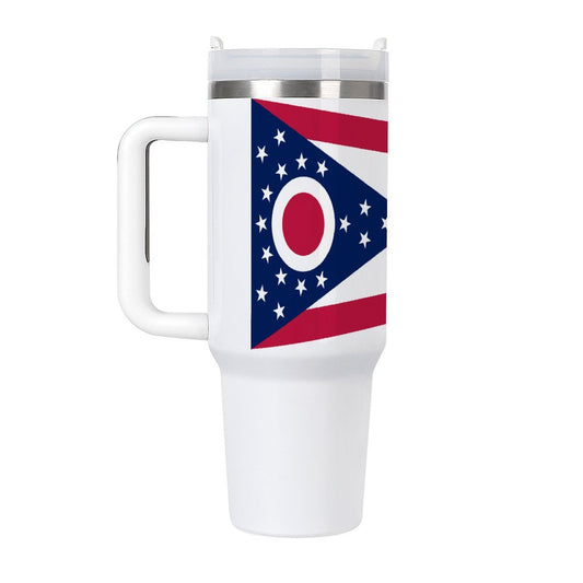 Ohio flag white travel mug with handle.